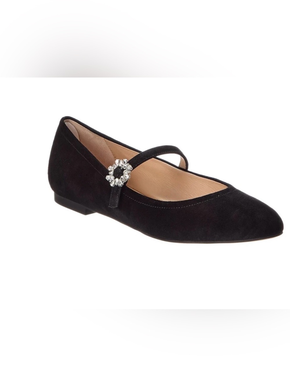 Stuart Weitzman Black Suede Mary Jane Flat with Crystal Buckle